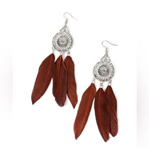 Silver and Brown Feather Earrings